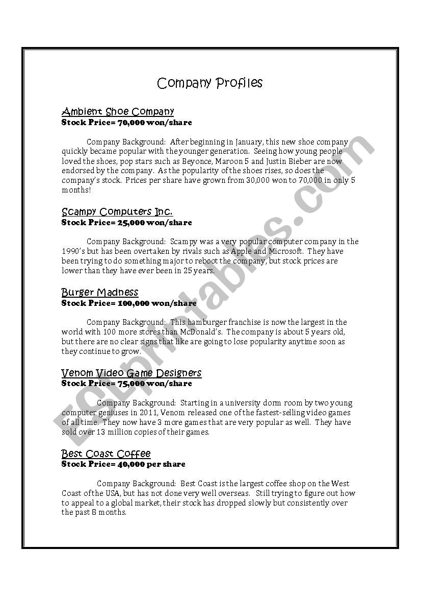 Stock Market Activity worksheet