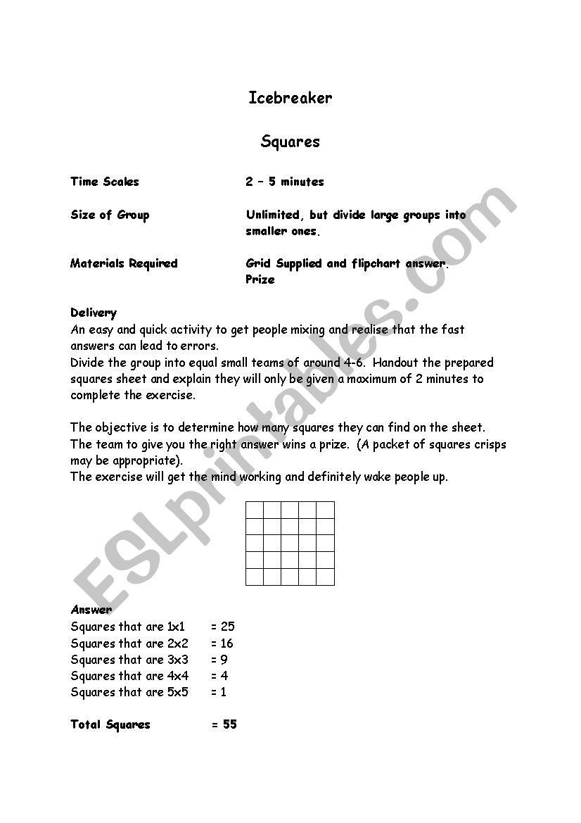 Ice Breaker Squares worksheet