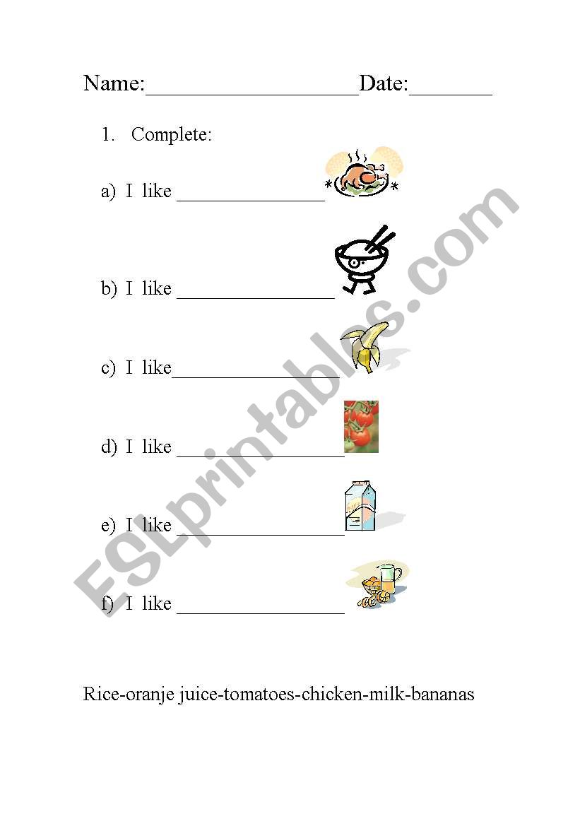 food worksheet