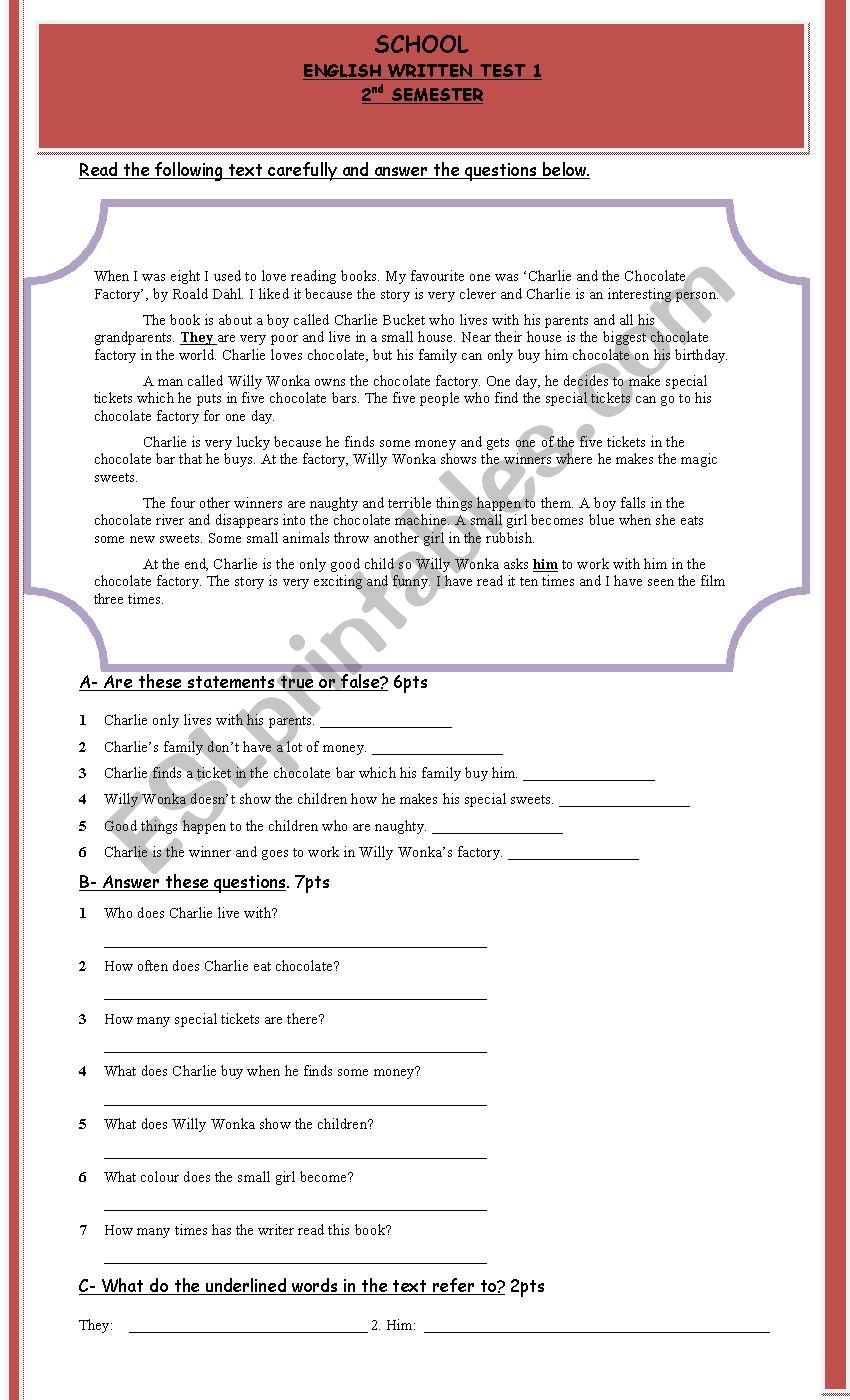 Test for 9th grades worksheet