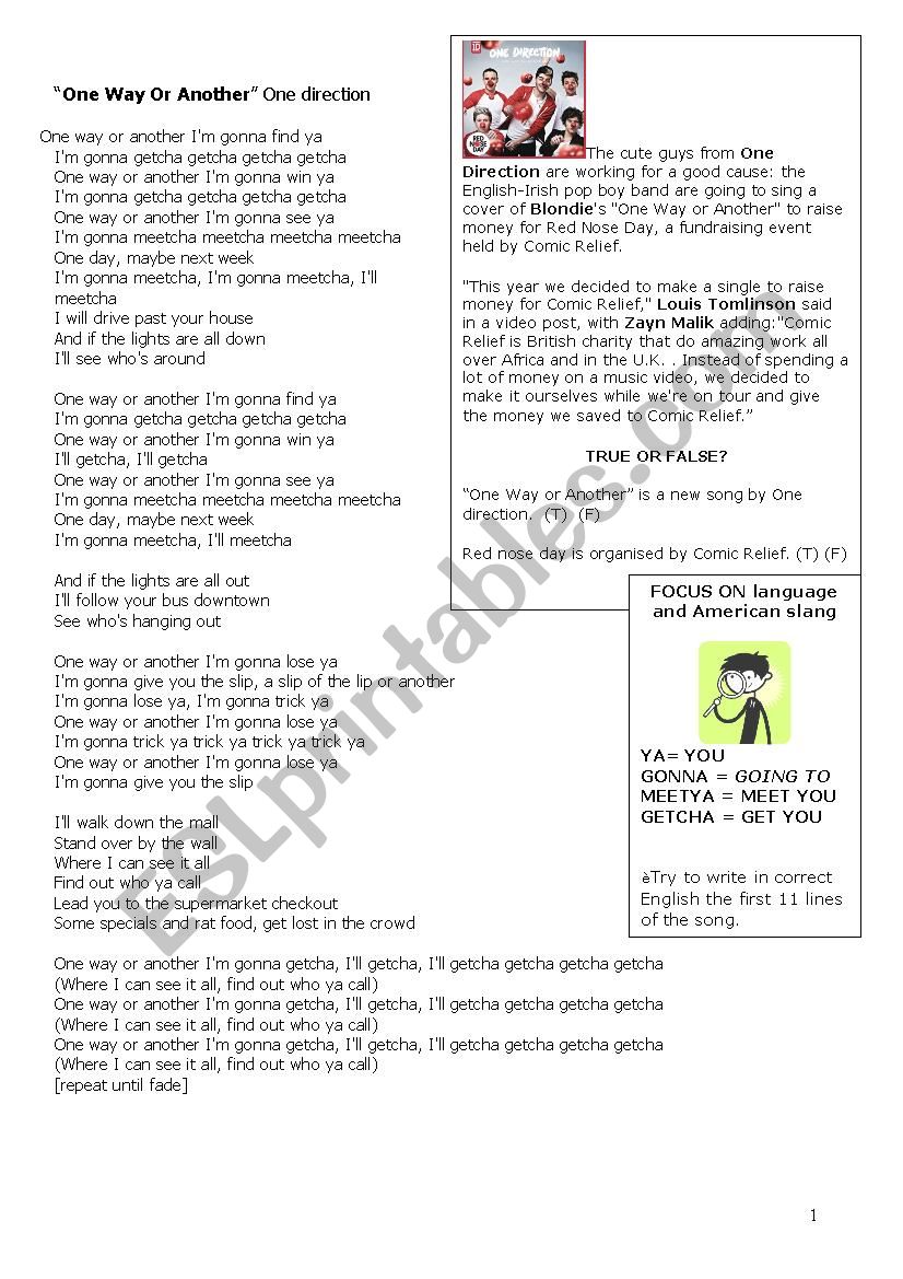 One Way Or Another - One direction - ESL worksheet by Lancillotta: With Following Directions Worksheet Trick