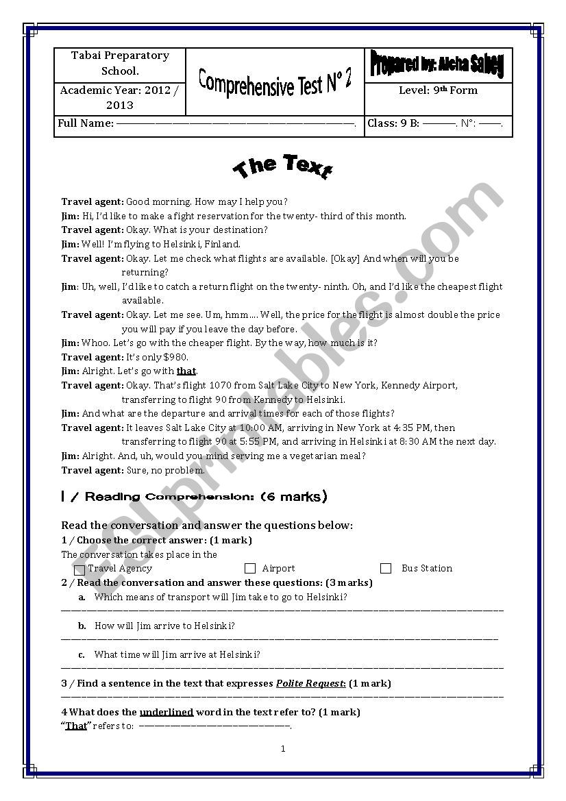 Comprehensive Test worksheet