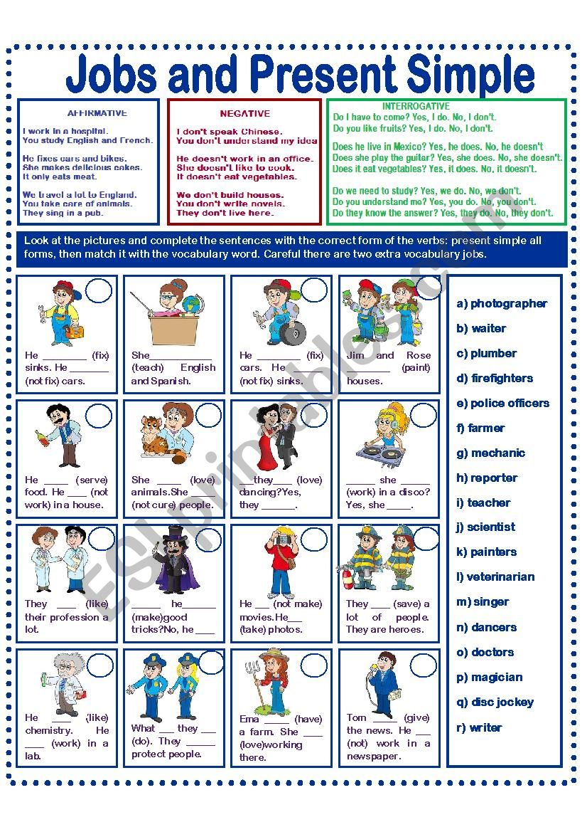 JOBS AND PRESENT SIMPLE worksheet