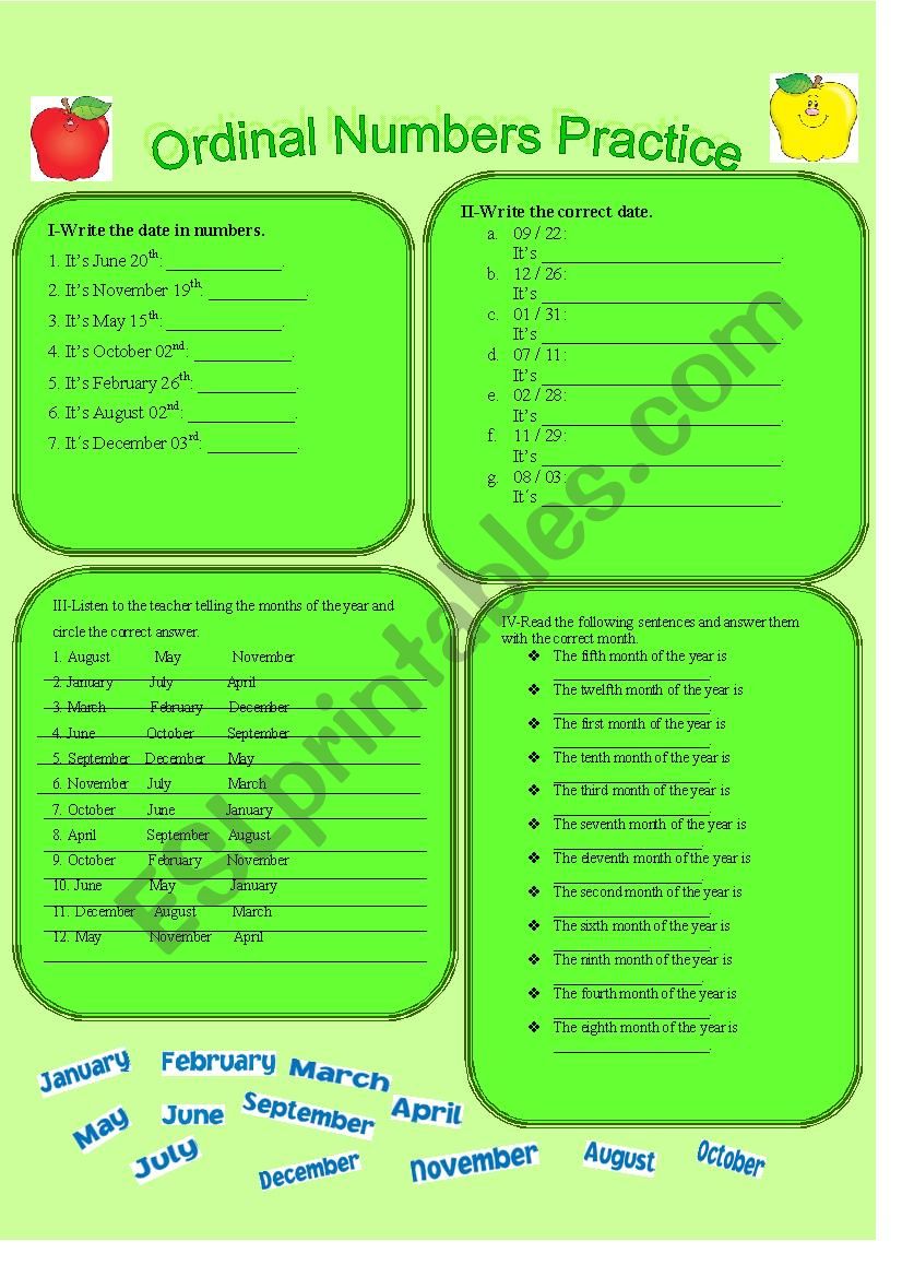 Months of the Year and Ordinal Numbers Practice (with answer key INCLUDED)
