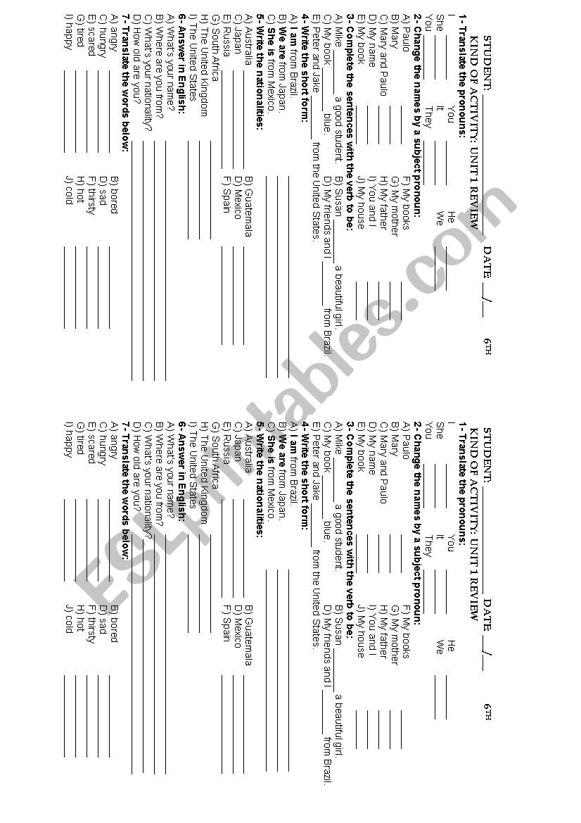 ENGAGE BOOK STARTER UNIT 1 REVIEW - COUNTRIES, NATIONALITIES, VERB TO BE, ADJECTIVES