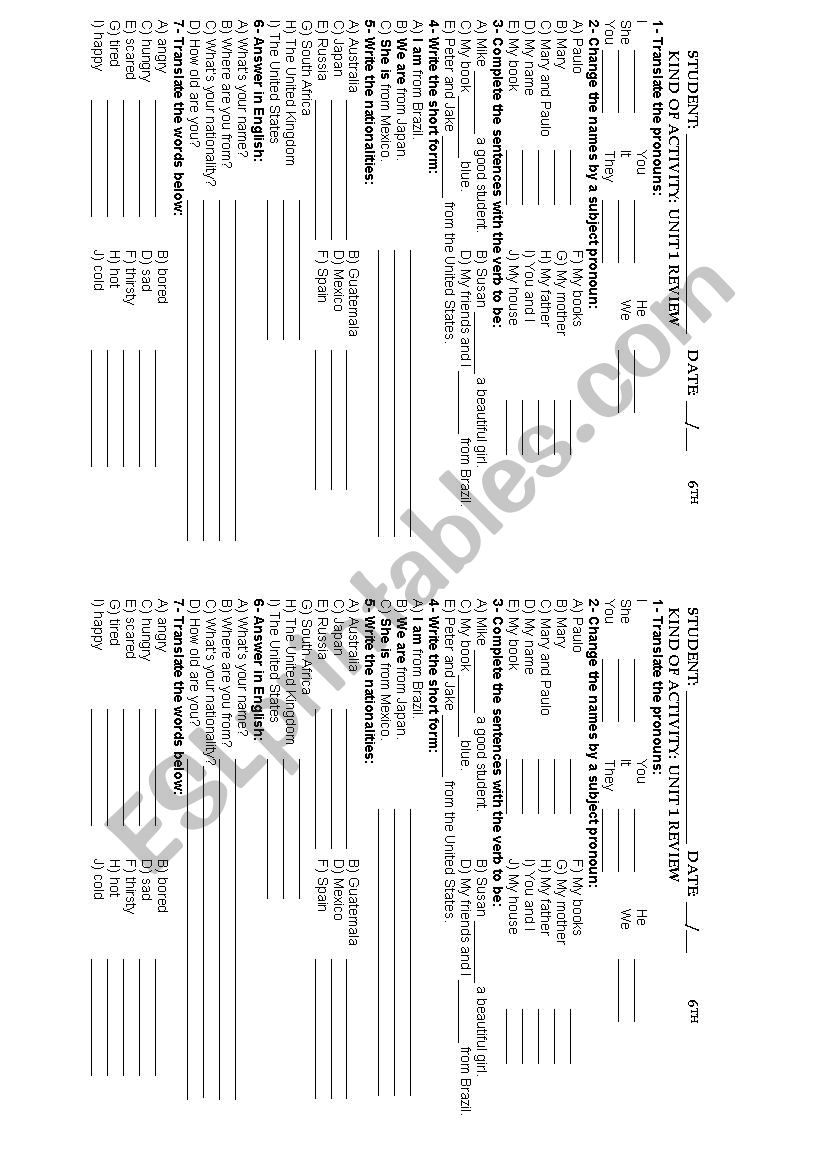 ENGAGE BOOK STARTER UNIT 1 REVIEW - COUNTRIES, NATIONALITIES, VERB TO BE, ADJECTIVES