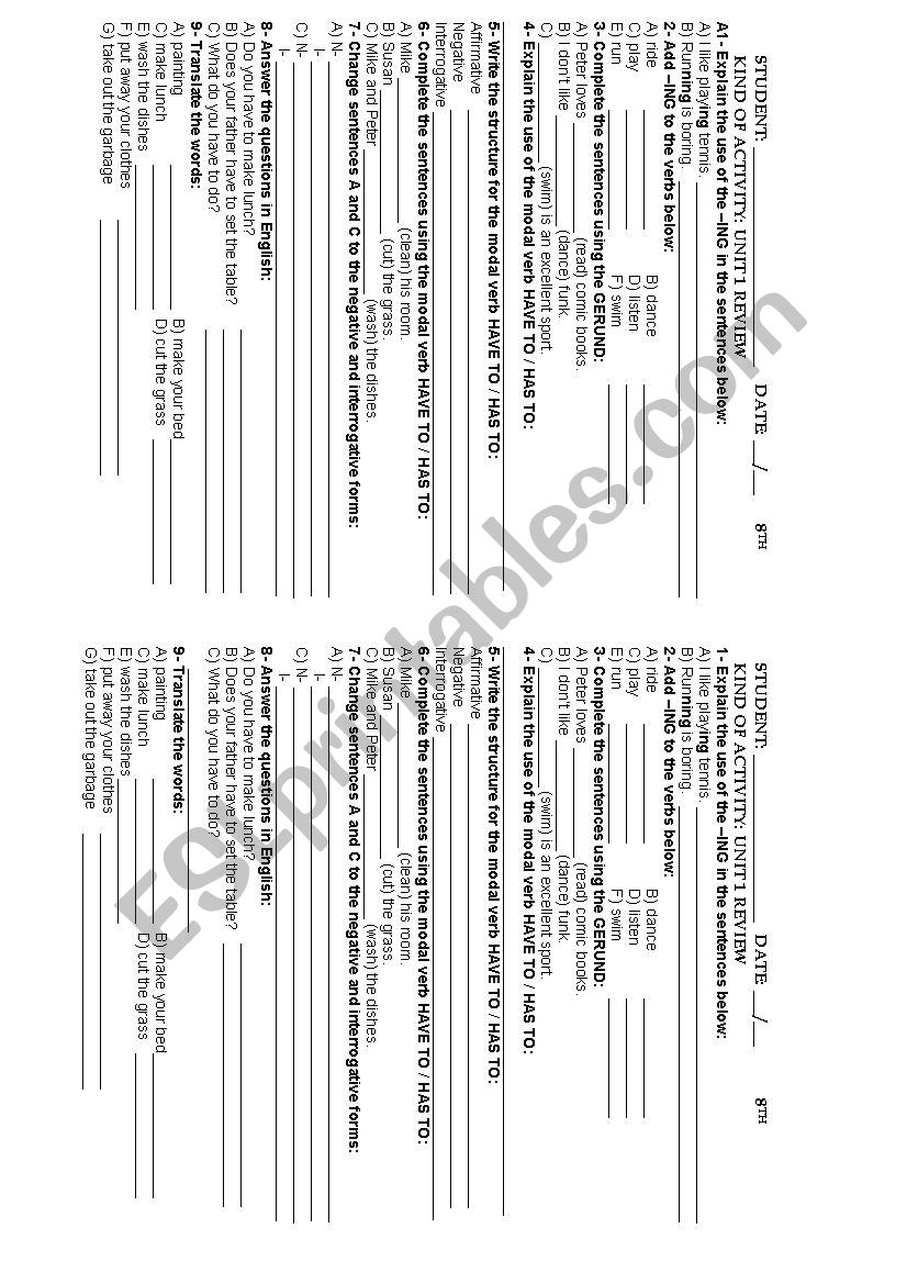 ENGAGE BOOK 2 UNIT 1 REVIEW GERUND, MODAL VERB HAVE TO HAS TO