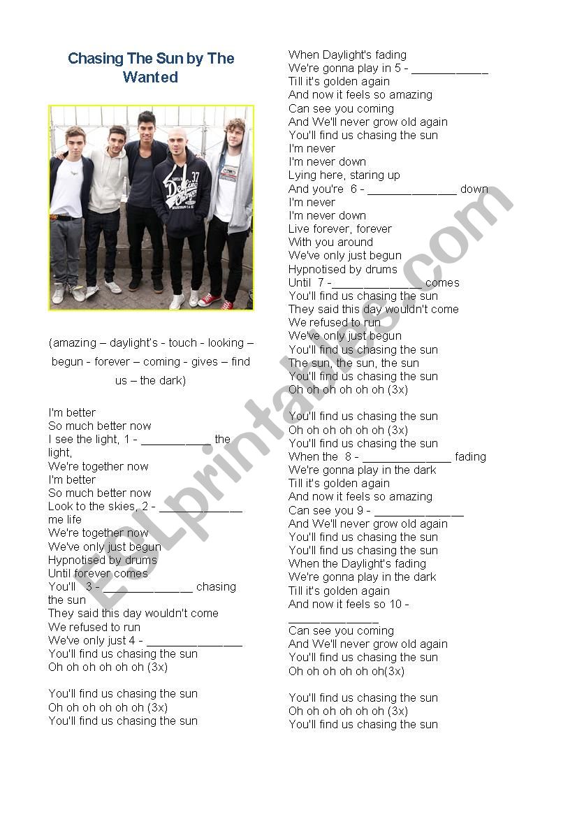 Chasing the sun - The Wanted worksheet