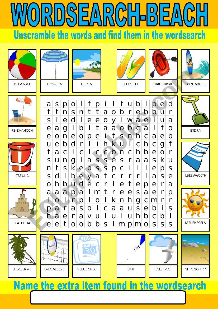 Beach Wordsearch worksheet