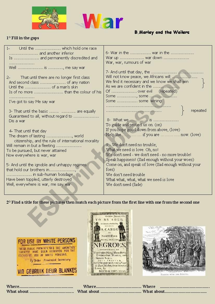 War ( Bob Marley) worksheet