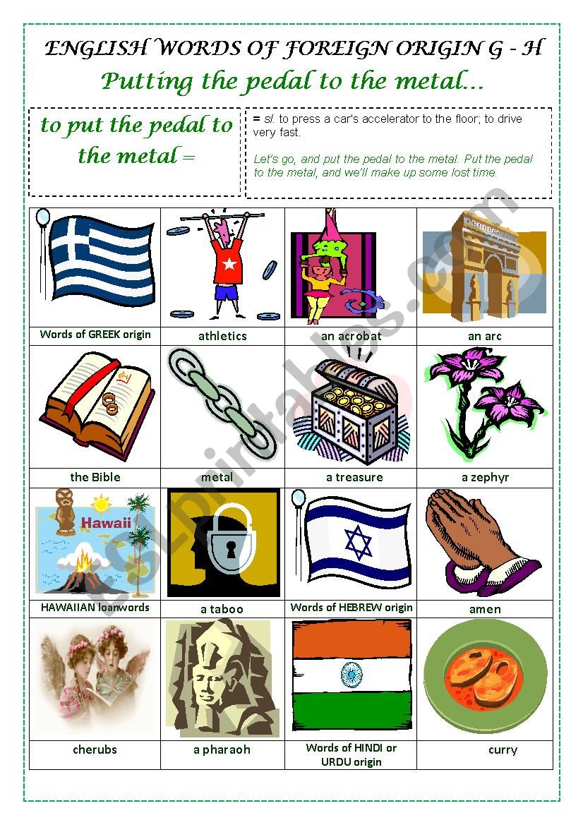 ENGLISH WORDS OF FOREIGN ORIGIN G - H  (GREEK, HAWAIIAN, HEBREW and HINDI or URDU) - a pictionary