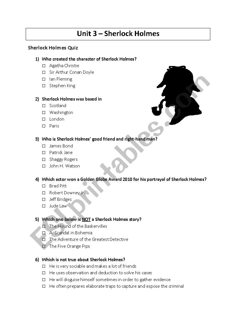 Sherlock Holmes Quiz worksheet
