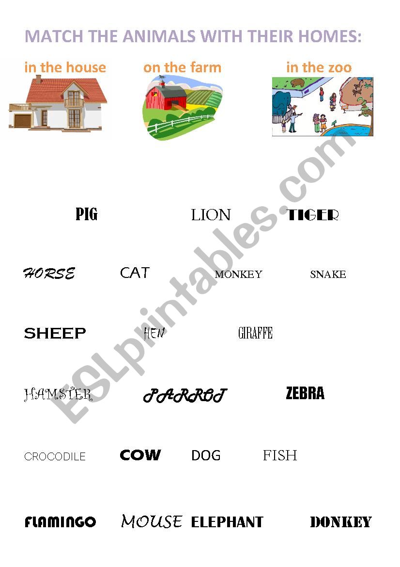 Match the animals with their homes - ESL worksheet by kafsia