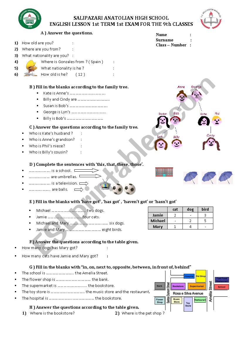 the 1st term the 1st english exam for the 9th grades