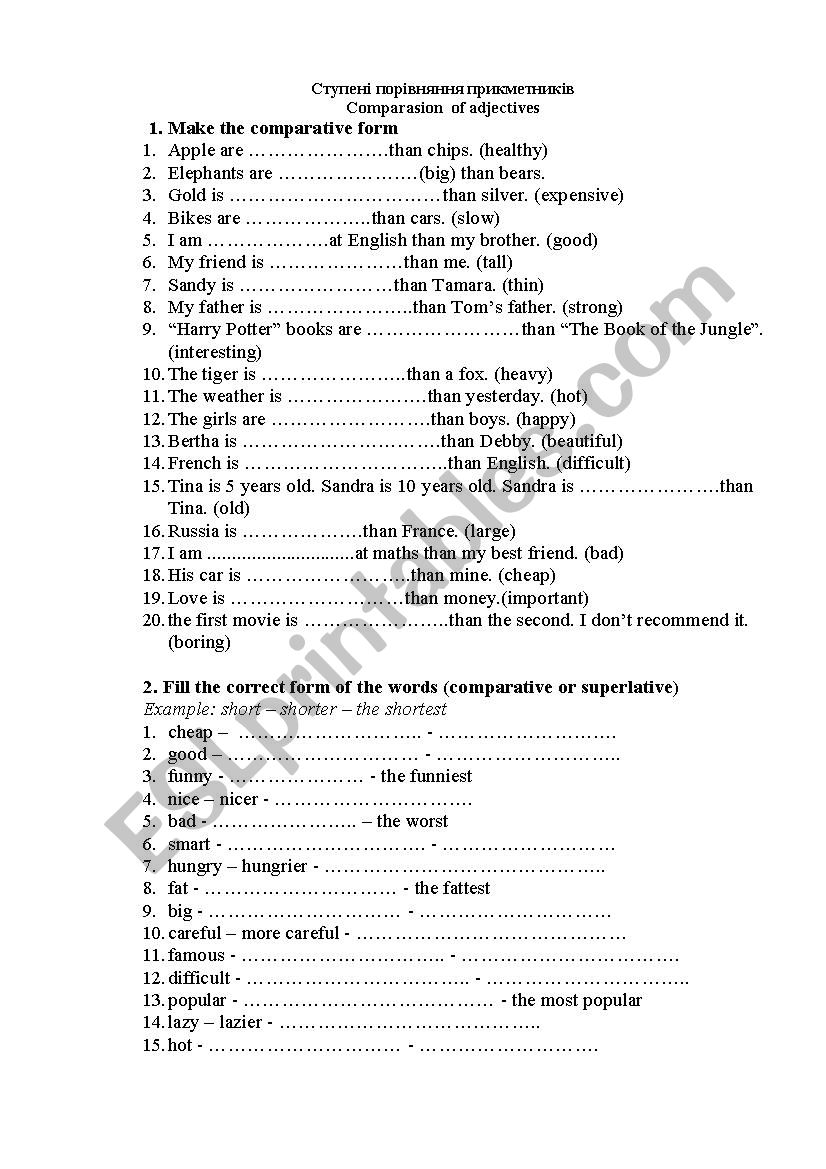 comparison of adjectives worksheet