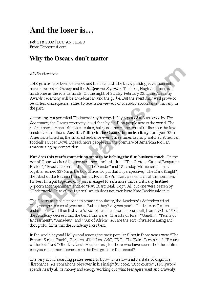 Why the Oscars donÂ´t matter worksheet