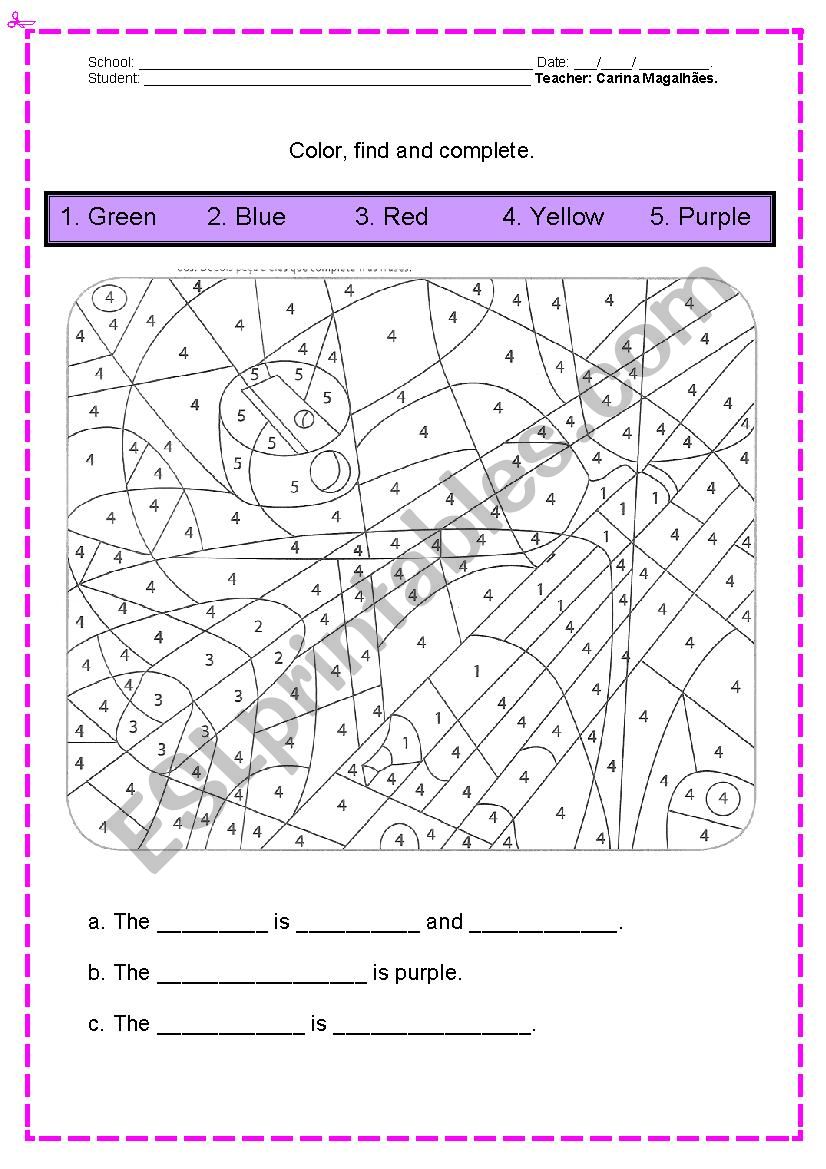 COLOR, FIND AND COMPLETE worksheet