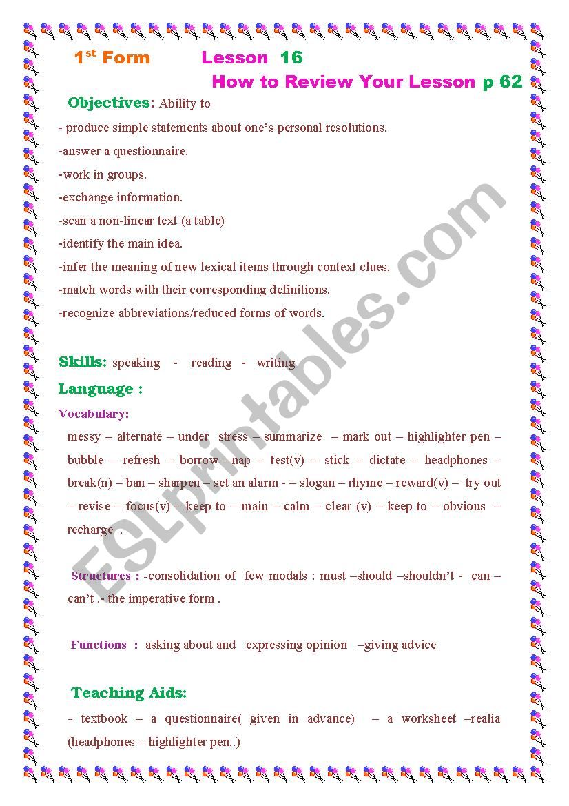 First Form -Lesson 16 -How to review your lessons