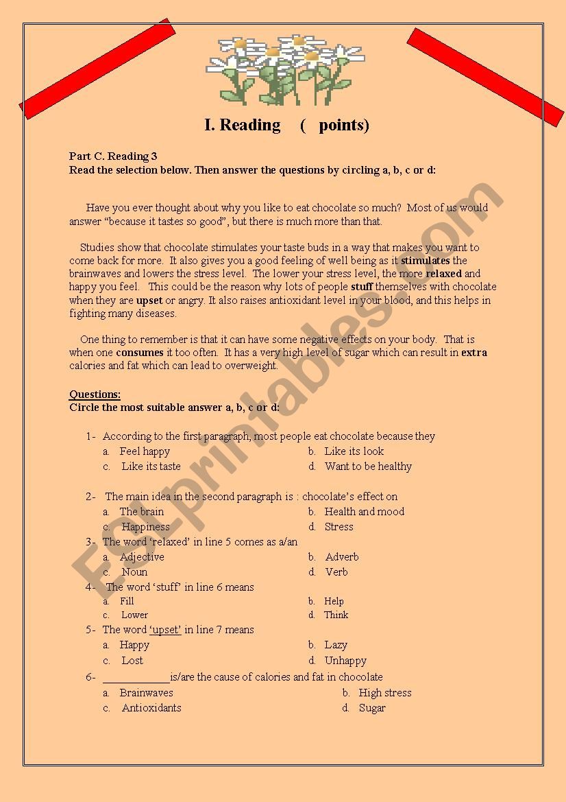 reading exam worksheet