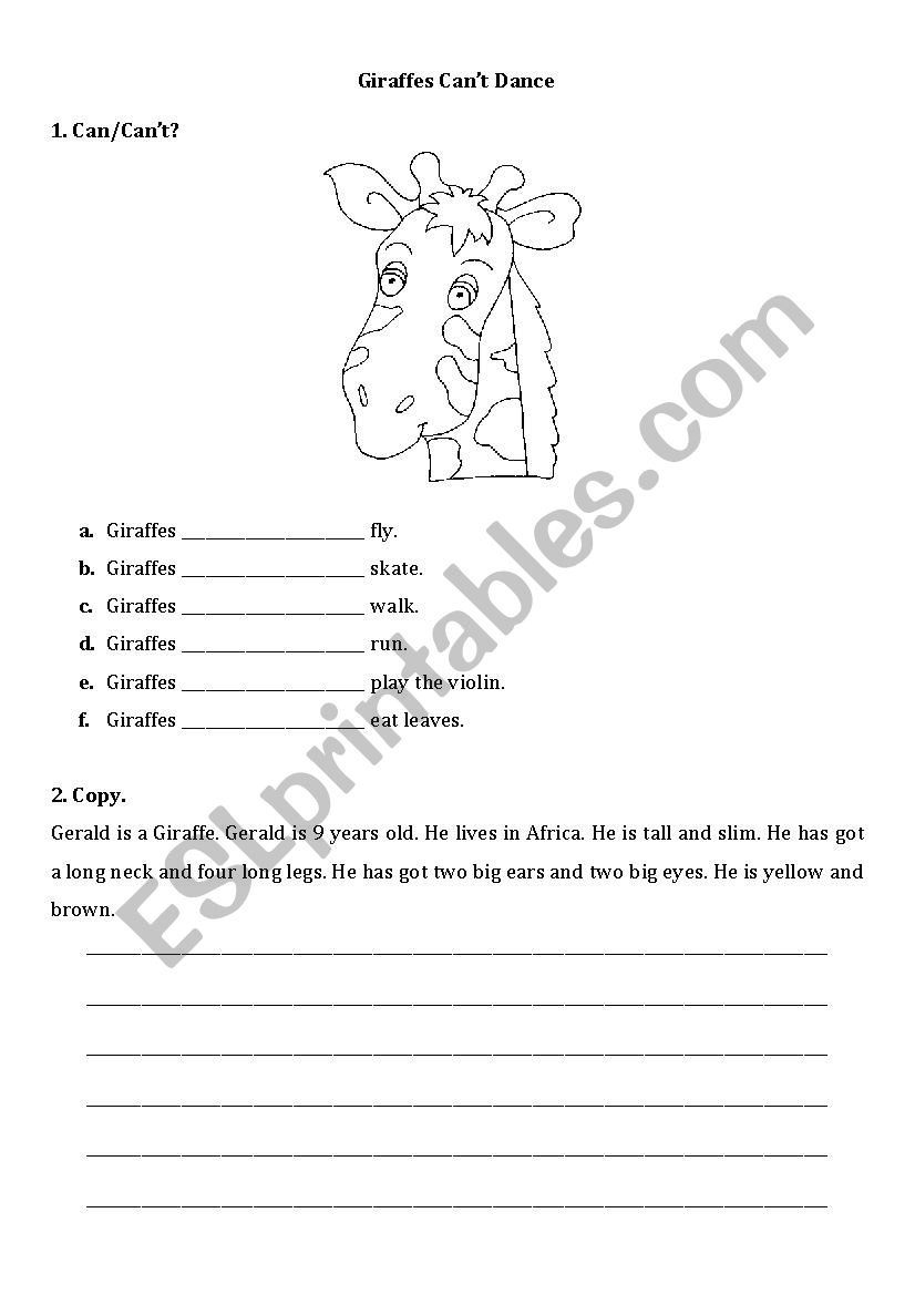 Giraffes cant dance worksheet