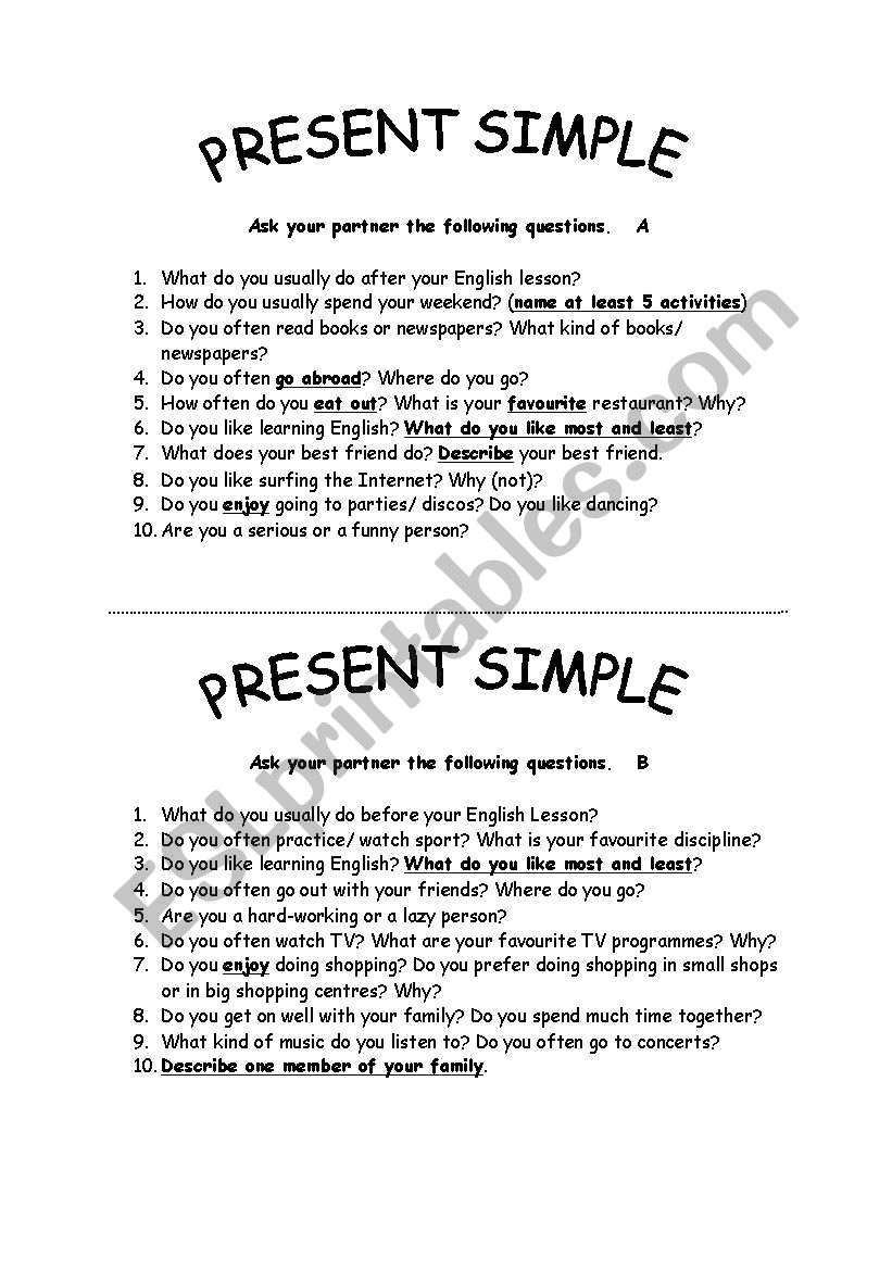 Present Simple Speaking  worksheet