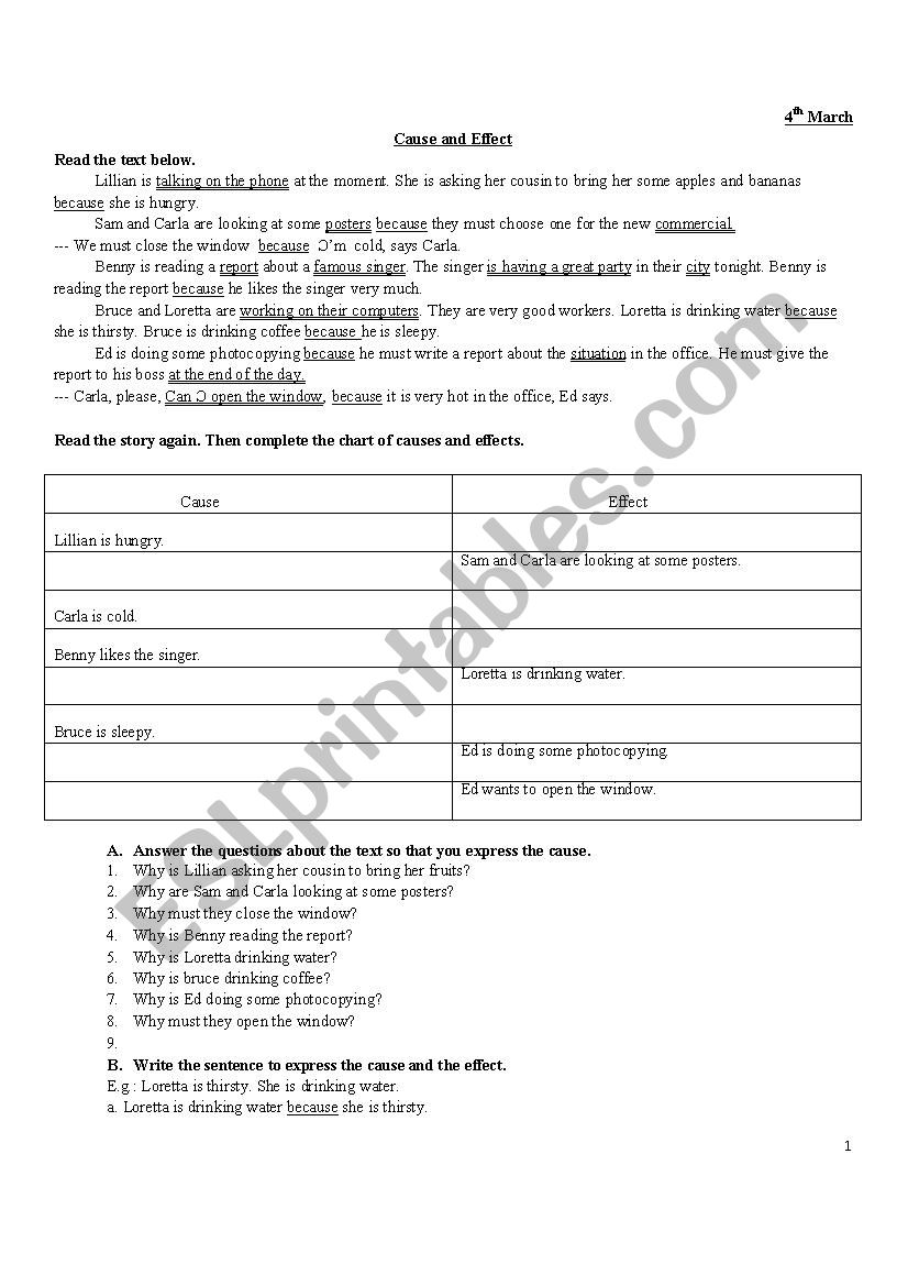 Cause and Effect worksheet