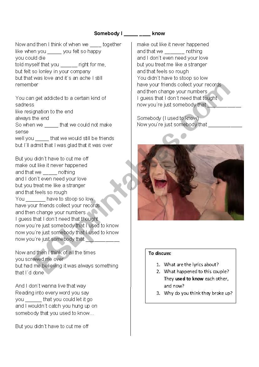 Somebody I used to know worksheet