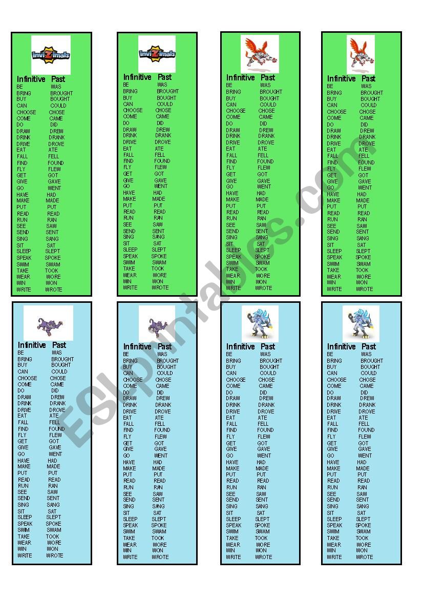 Invizimals irregular verbs (infinitive & past) bookmarks