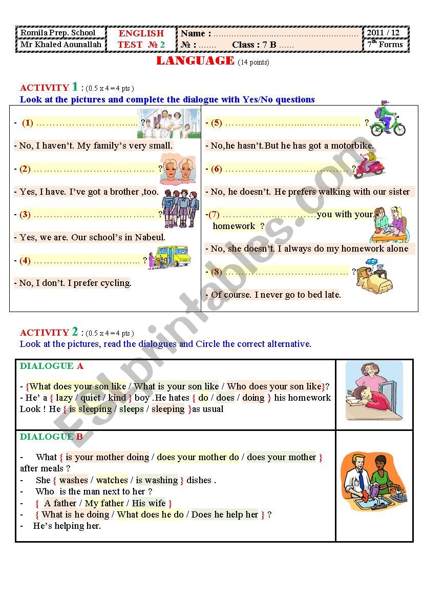 7th formtest 2.Tunisian worksheet