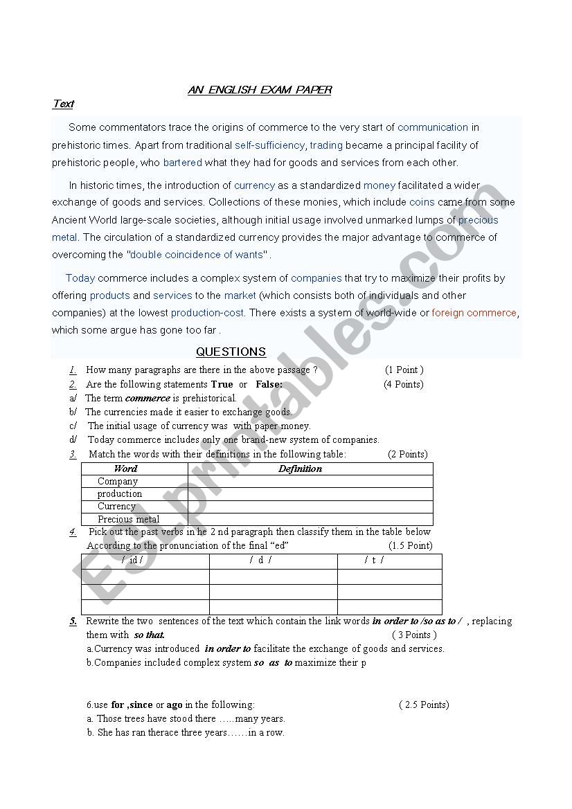 An Exam paper worksheet