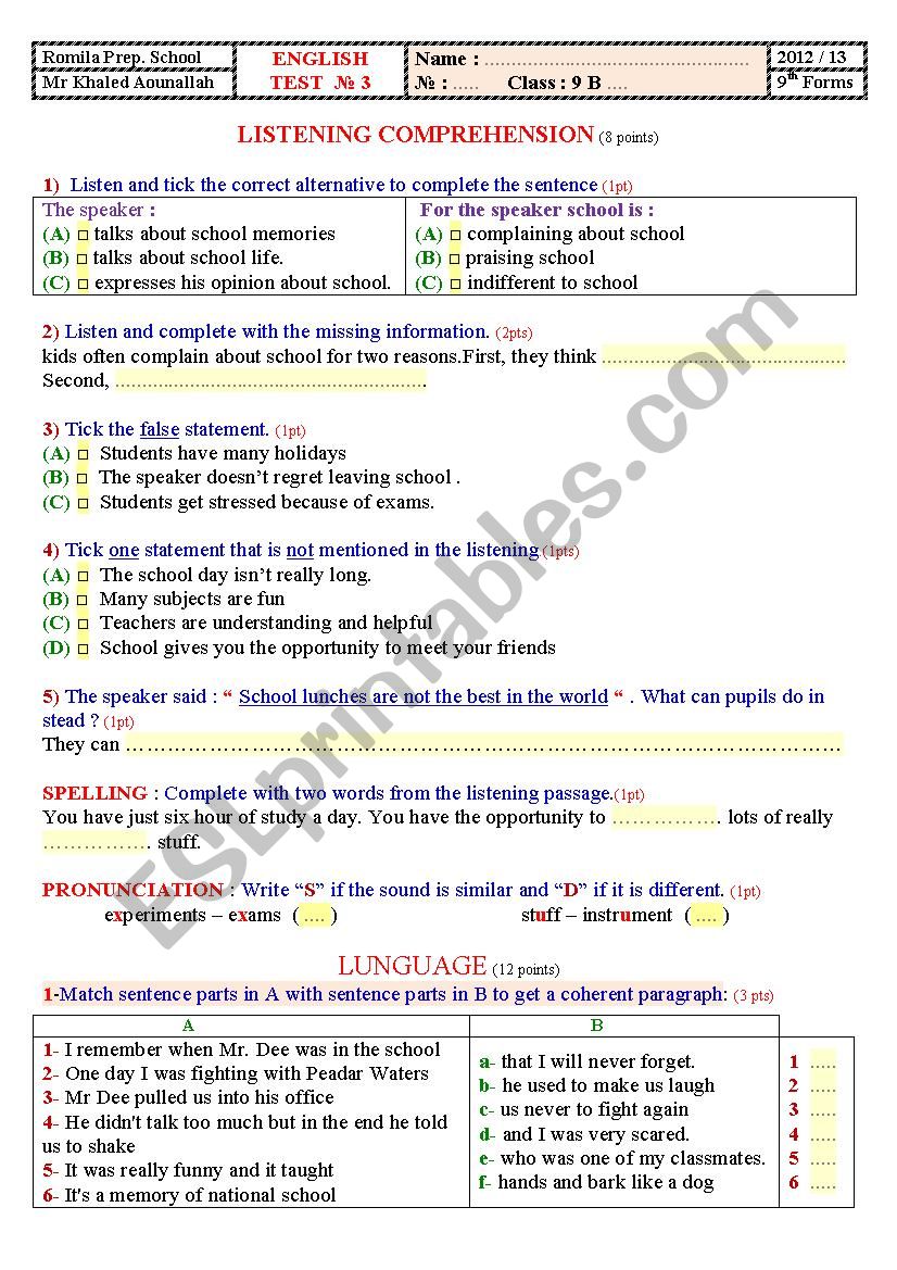 9th. Test 3 . Tunisian worksheet