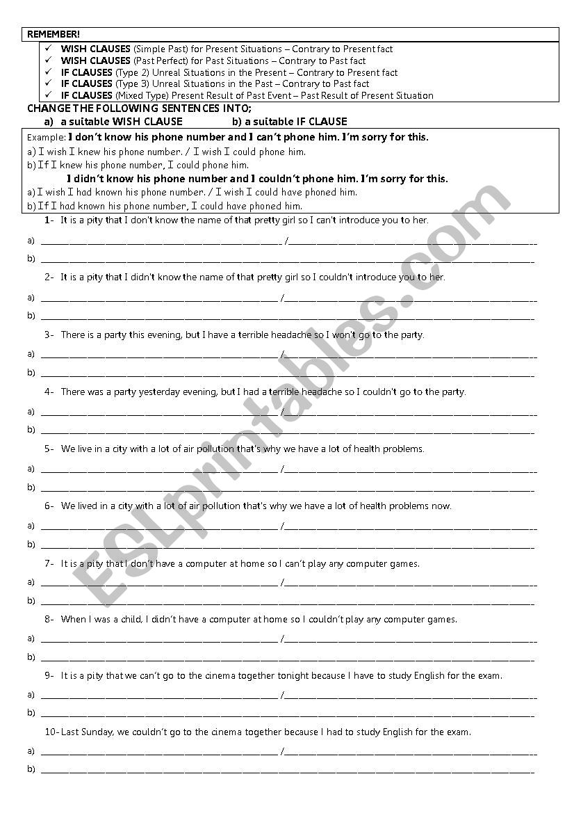 WISH CLAUSES & IF CLAUSES worksheet