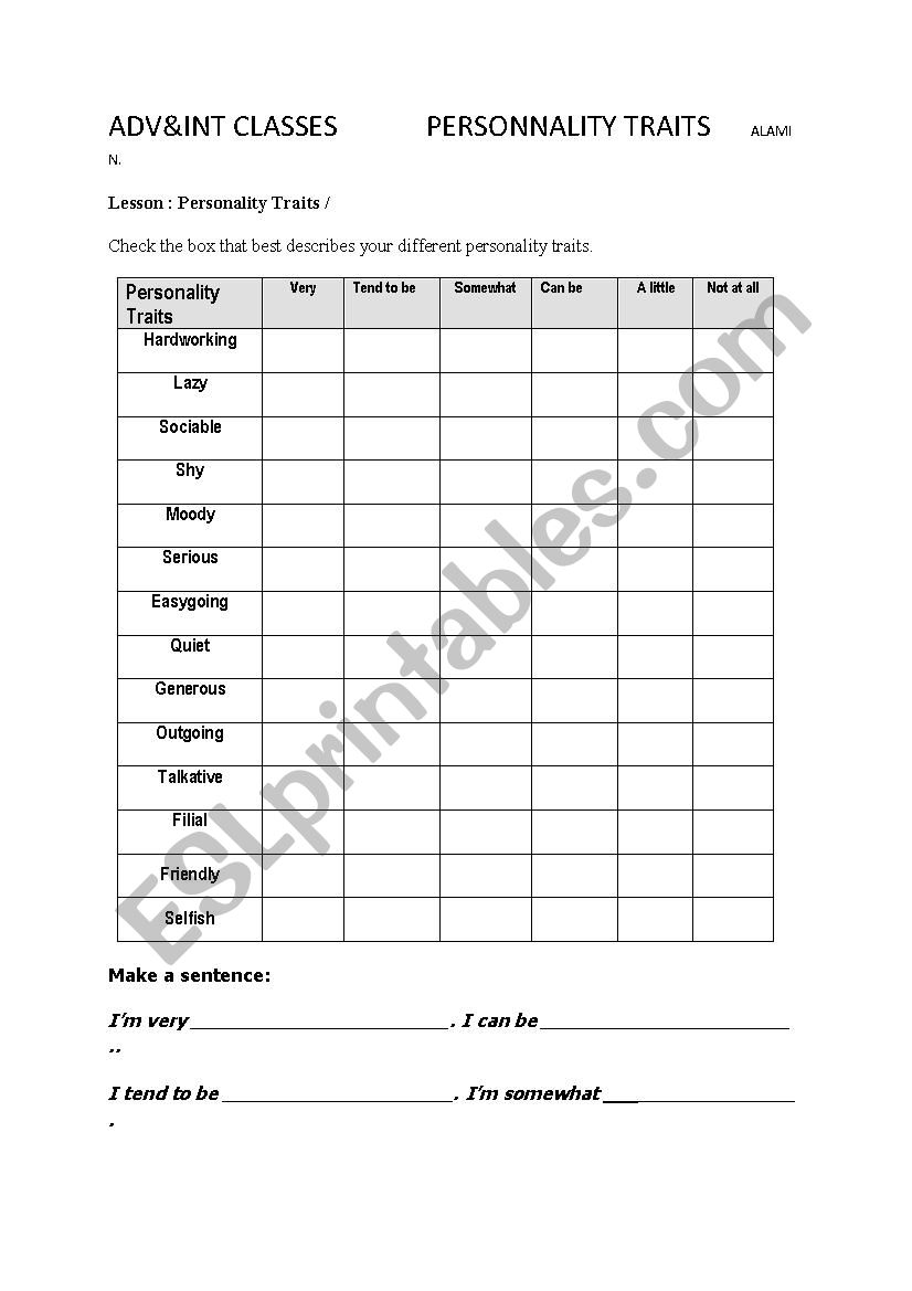 personality traits worksheet