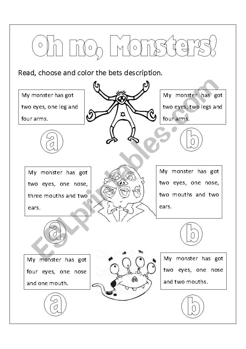 Monsters Body Parts worksheet