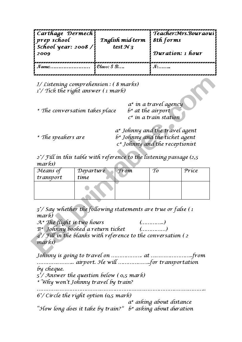 Mid term test 3 _ 2008/2009 worksheet