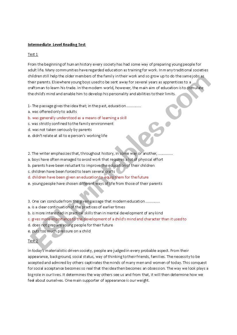 INTERMEDIATE READING TEST MULTIPLE CHOICE