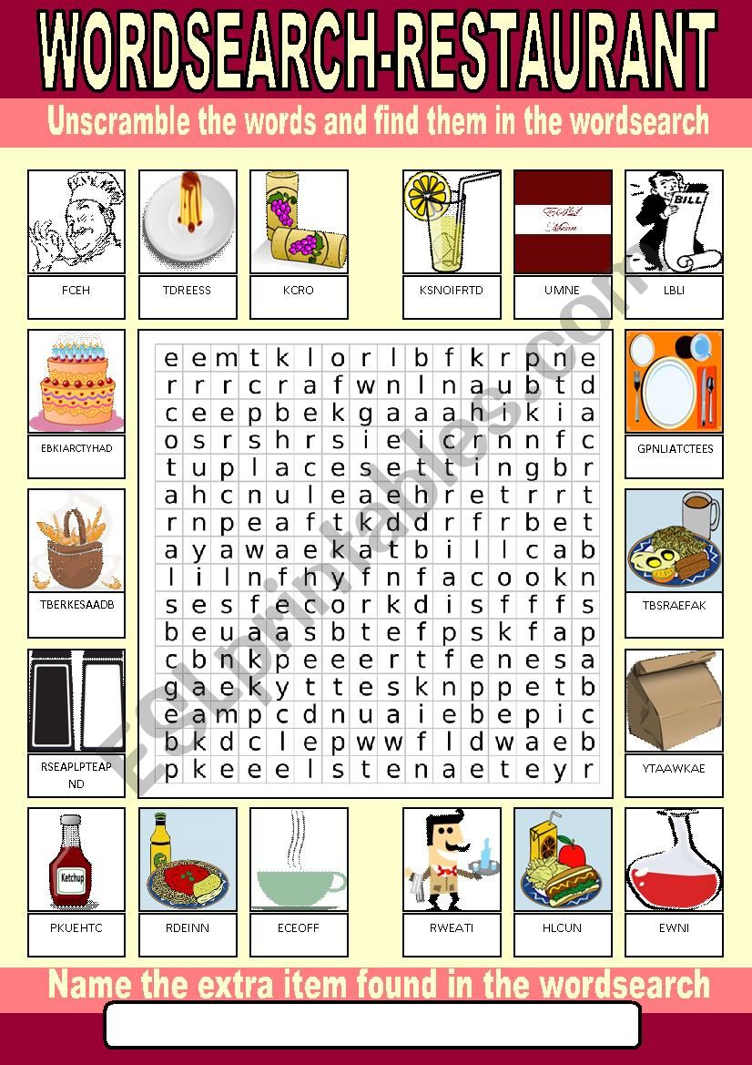 Restaurant Wordsearch worksheet