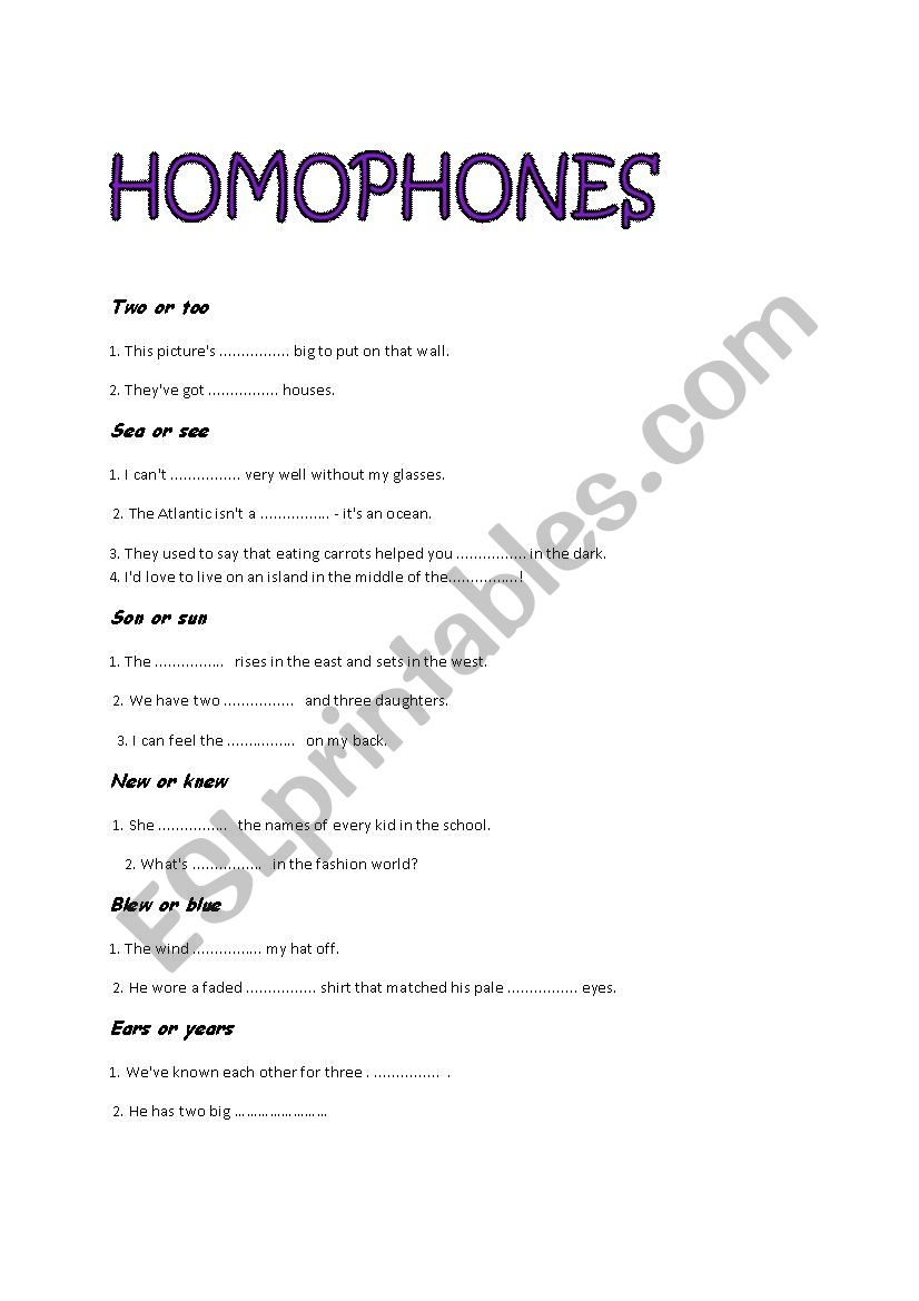 homophones worksheet