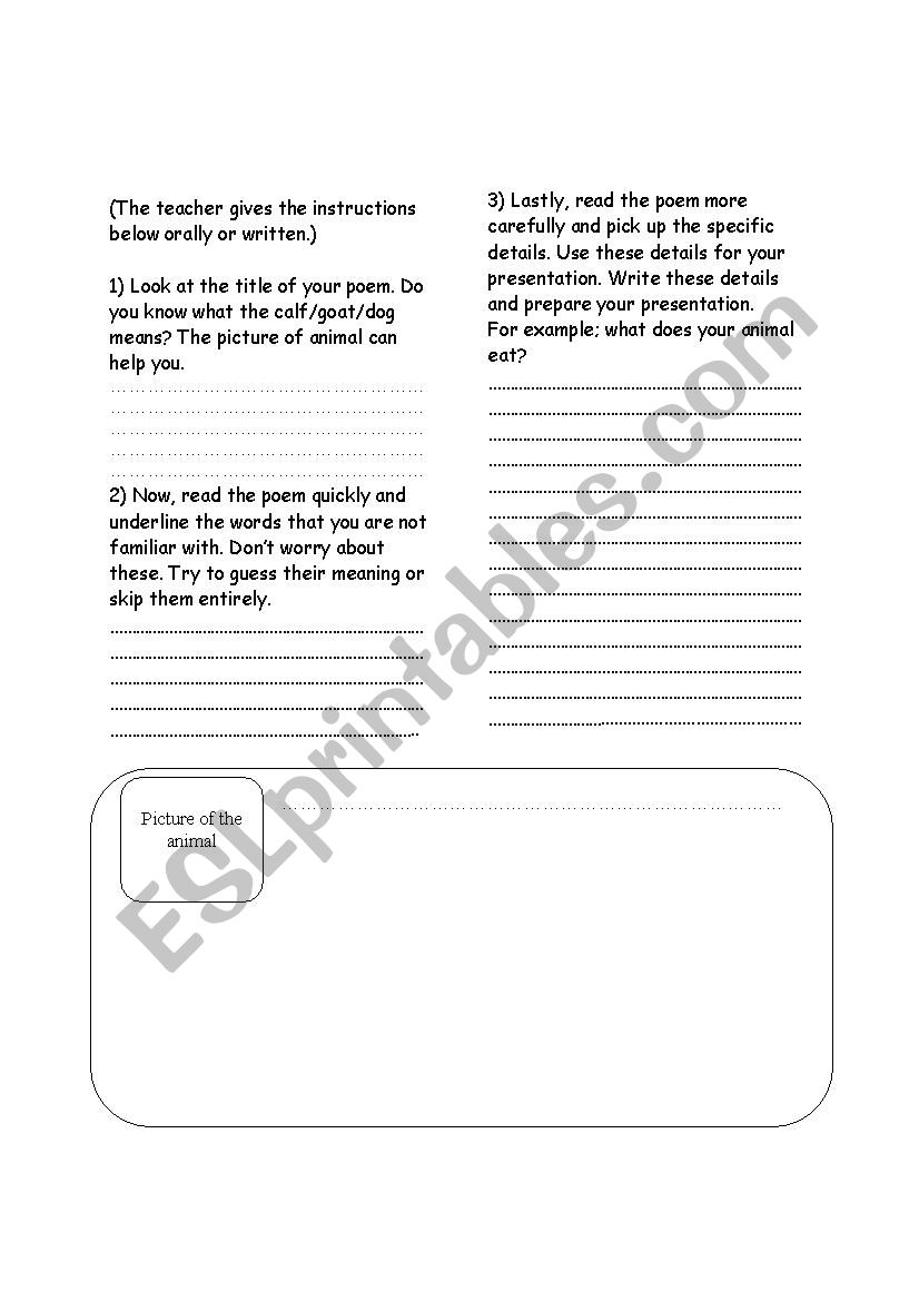 poems about animals 2 worksheet