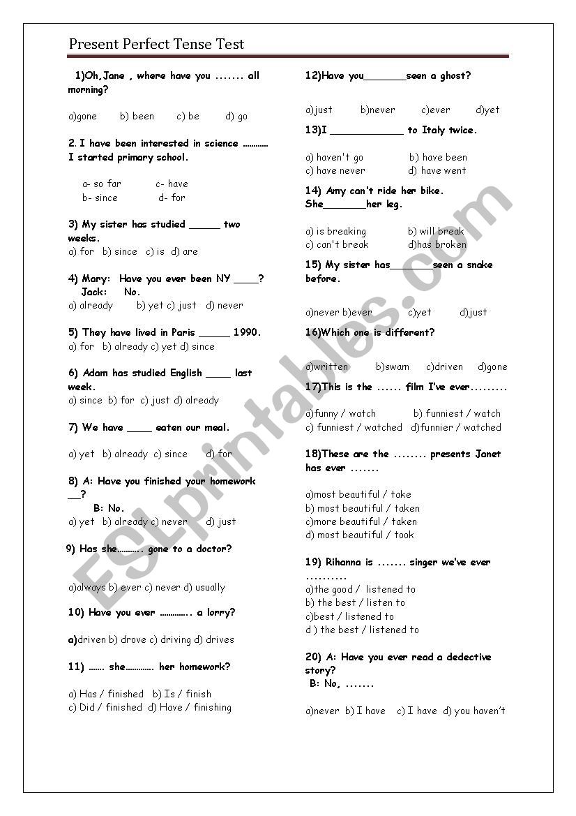 present perfect tense test worksheet