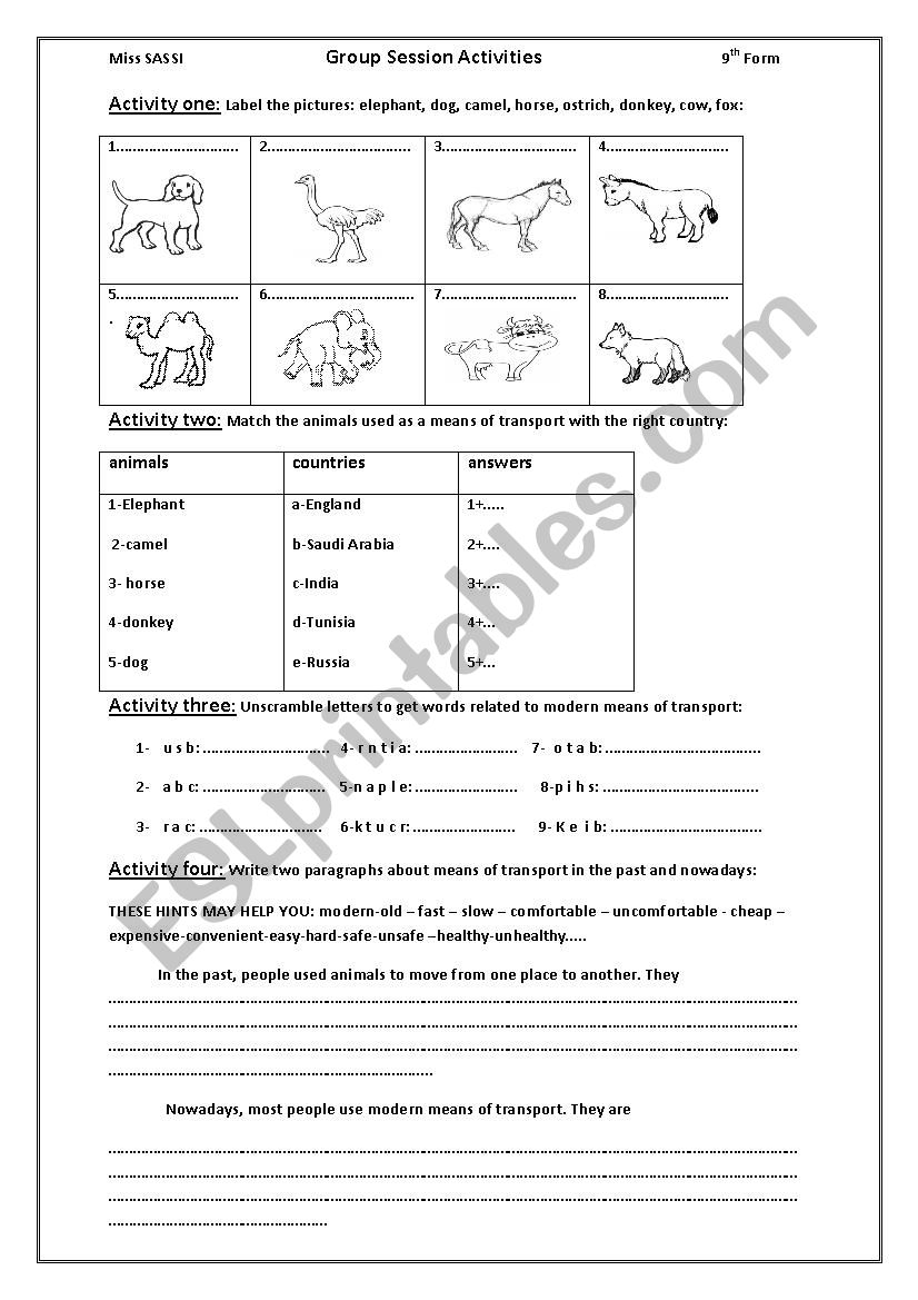 group session about transport worksheet