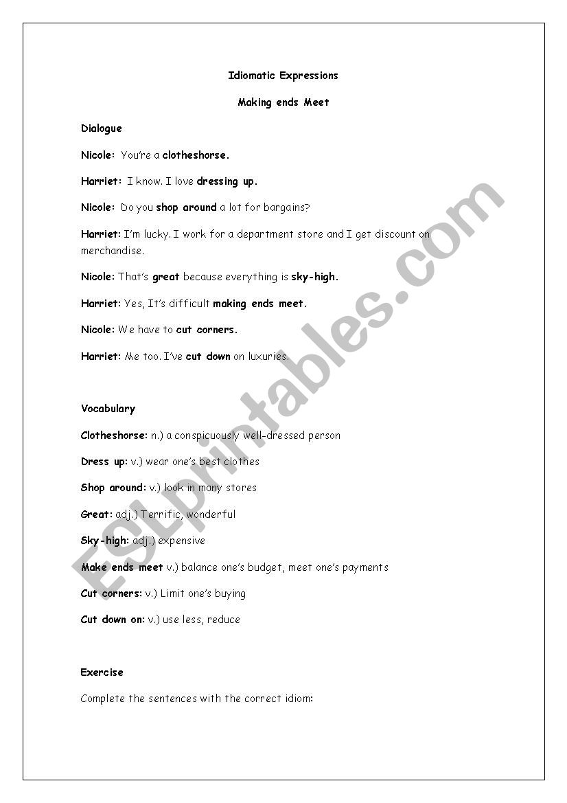 Idiomatic expressions worksheet