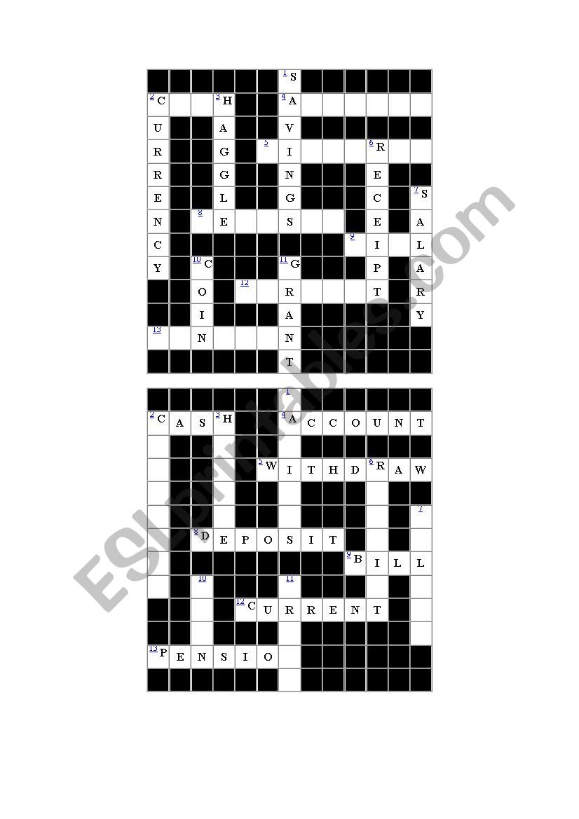 money -  crossword worksheet