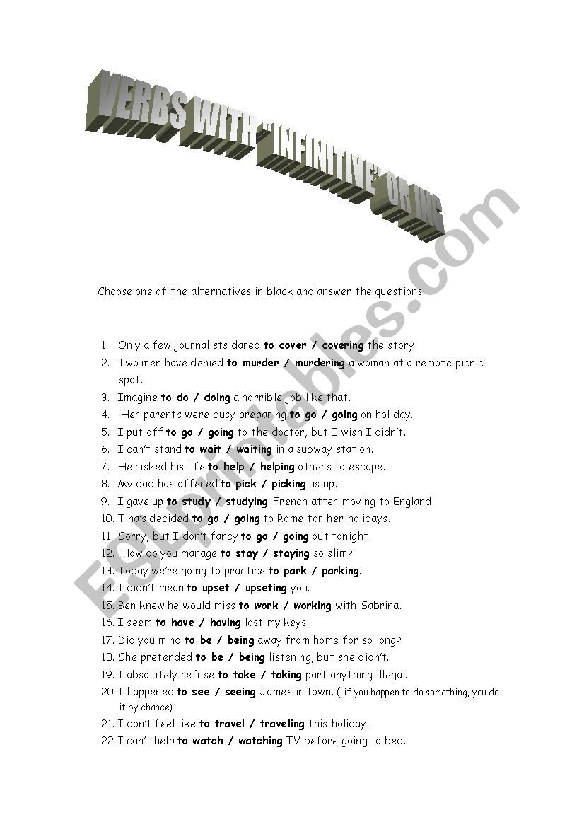 Verbs with Infinitive or Ing? worksheet