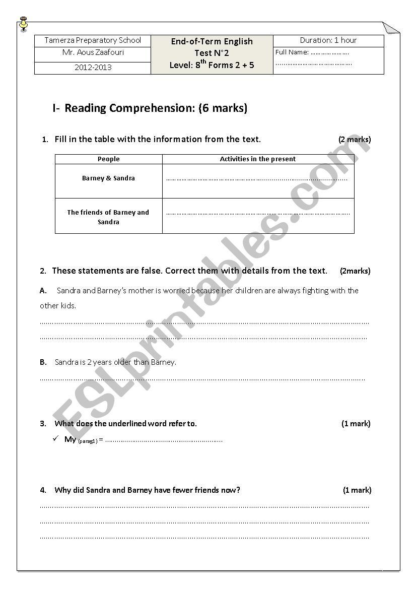 8th Grade Exam (2nd term) worksheet