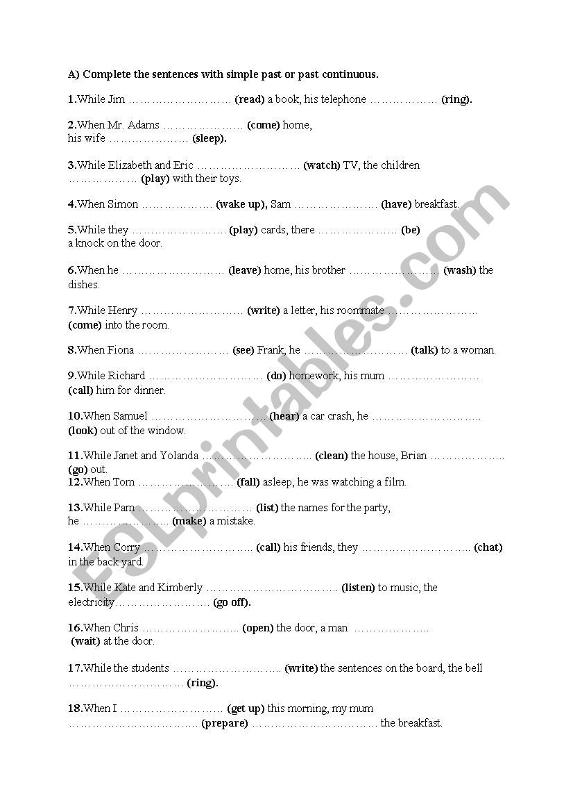 past continuous tense worksheet