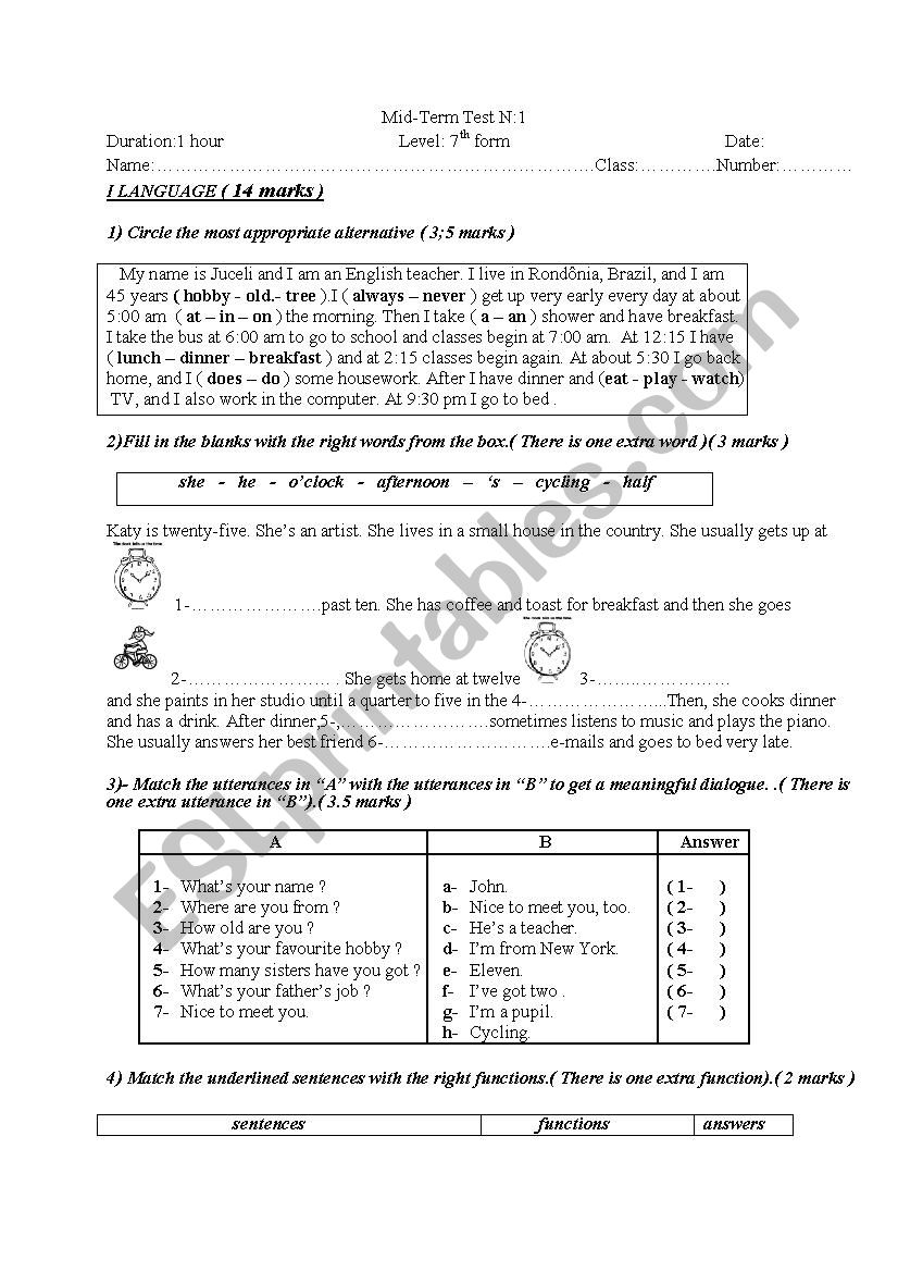 7th form Mid-Term test N:1 worksheet