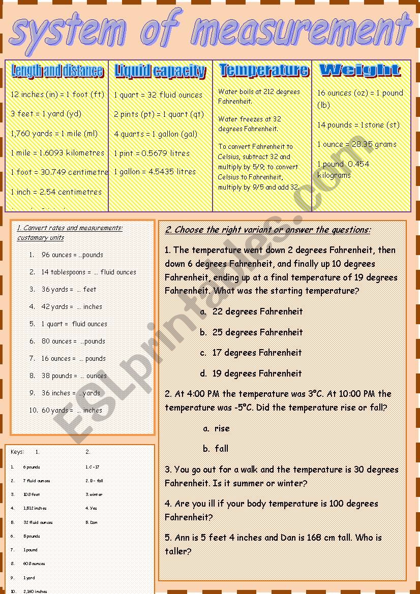 System of measurement worksheet