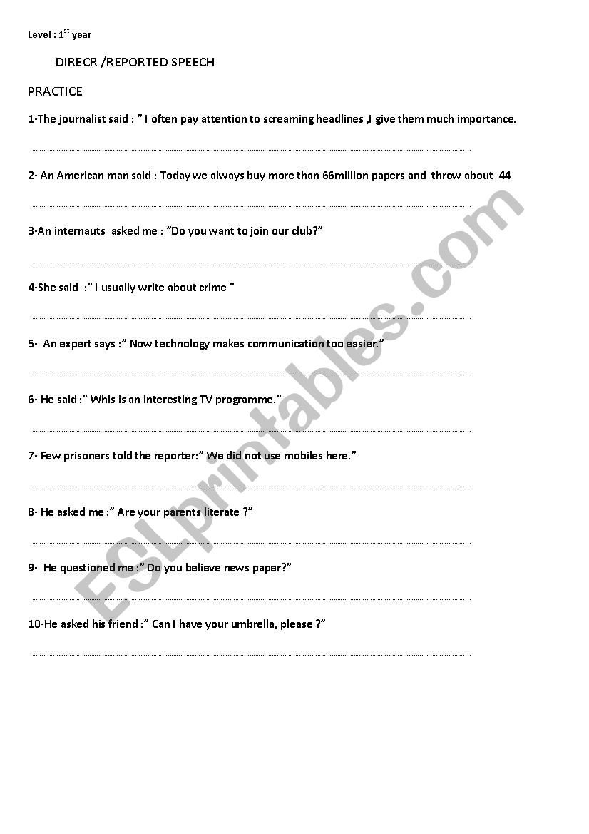 reported speech worksheet