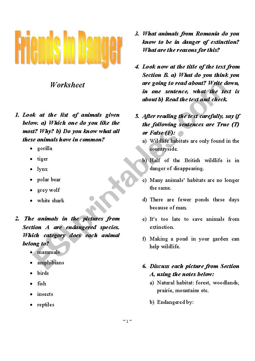 Friends in Danger worksheet